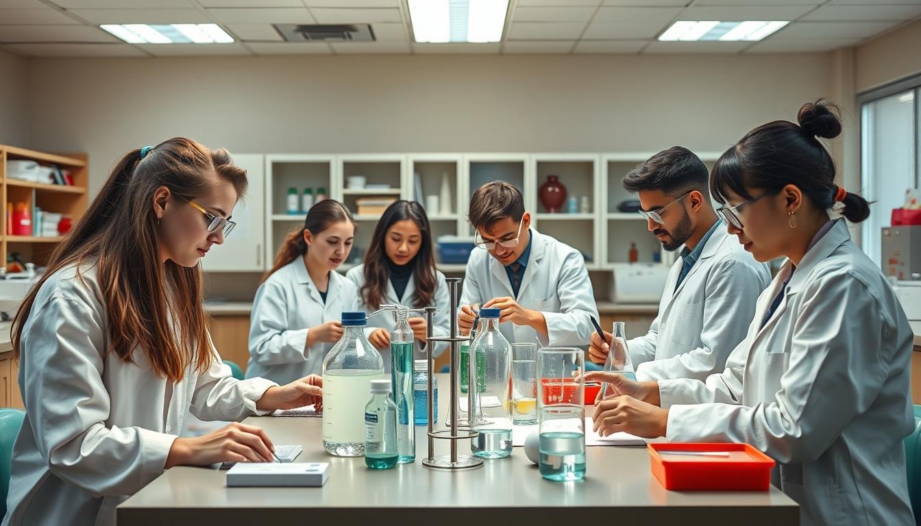 Students studying together in modern classroom